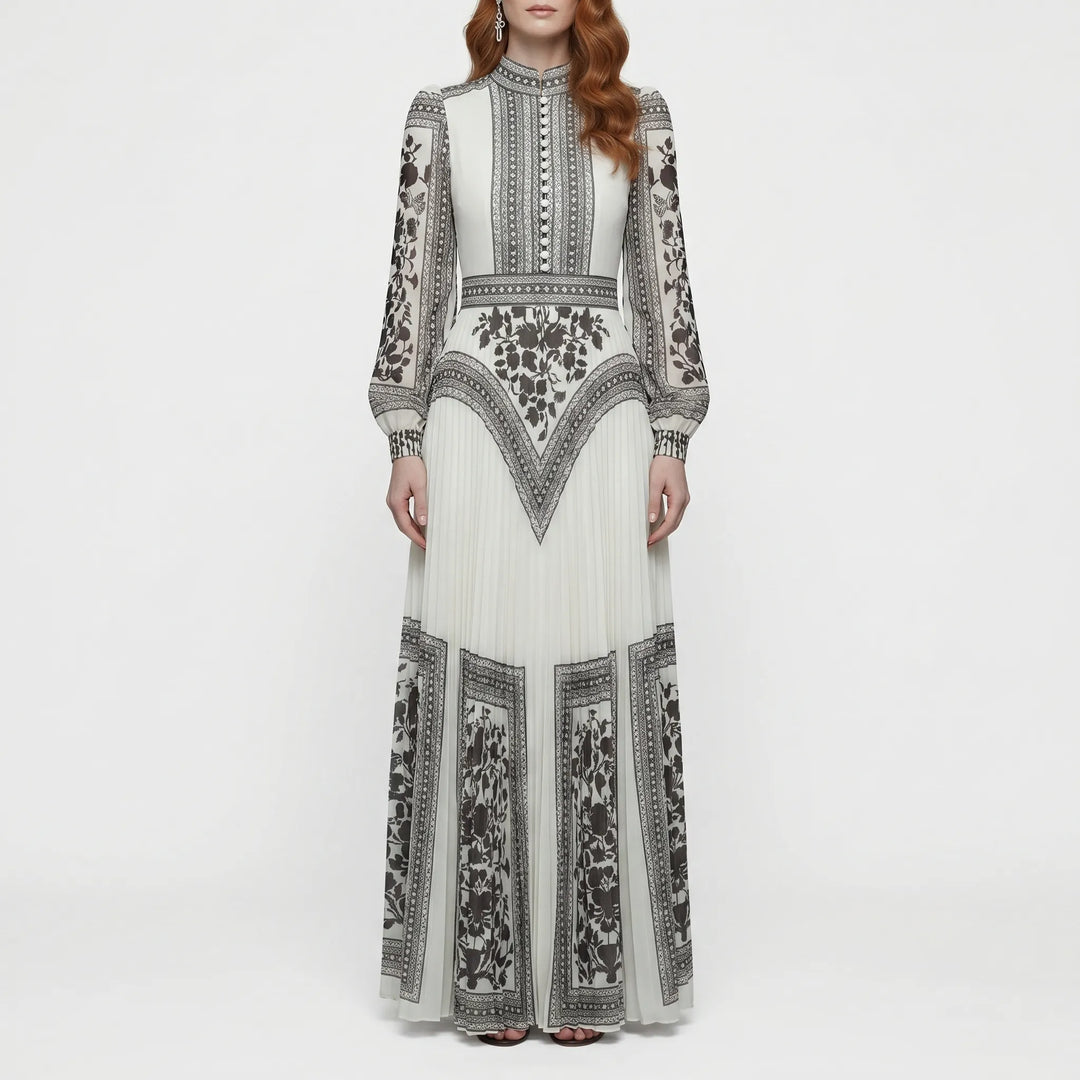 Women's Long Sleeve Pleated Maxi Dress - Formal Evening Gown