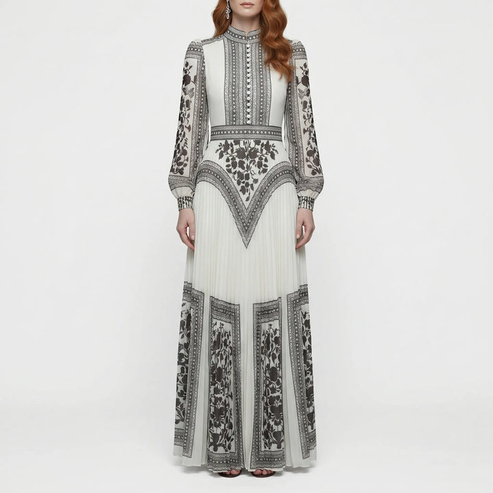 Women's Long Sleeve Pleated Maxi Dress - Formal Evening Gown