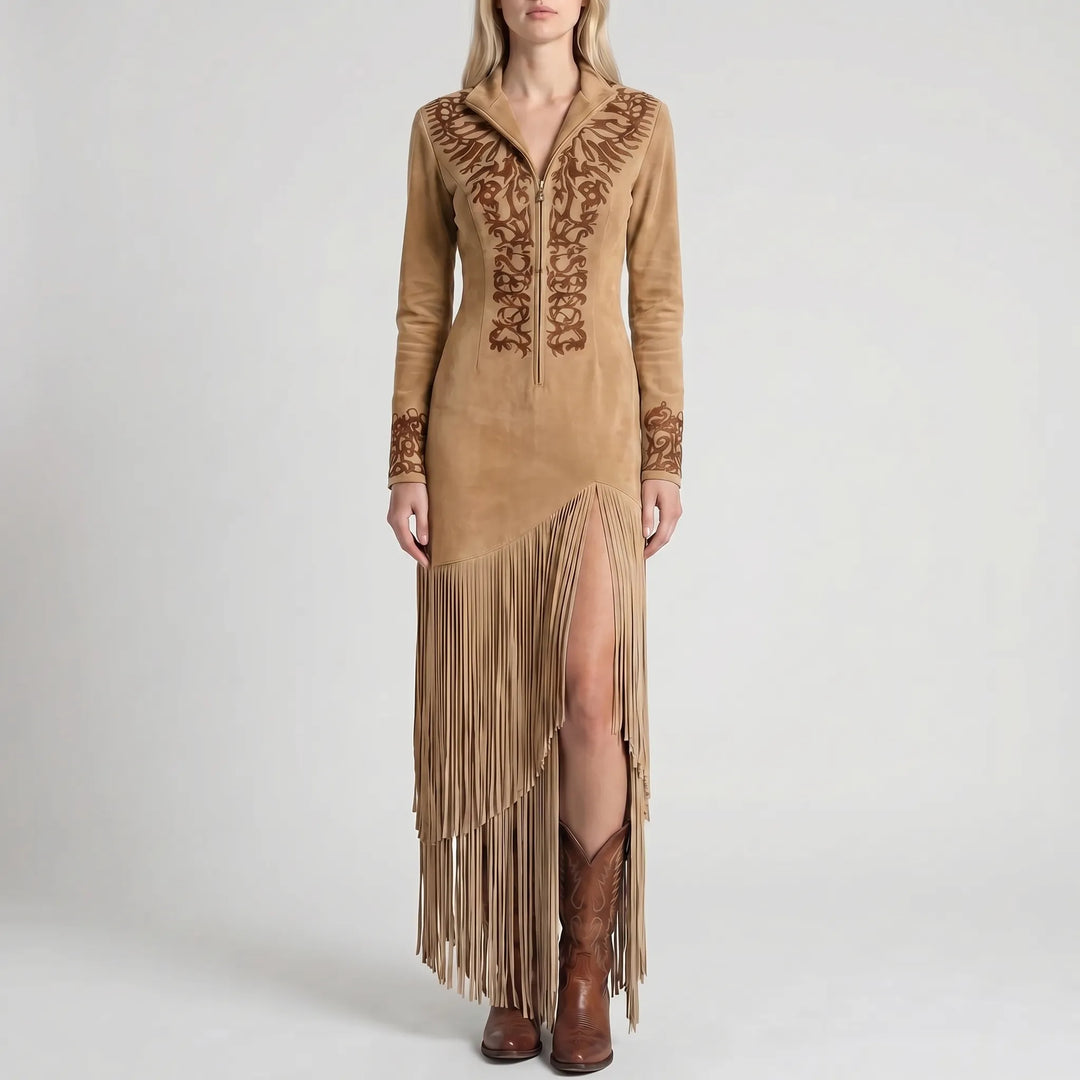 Women's Long Sleeve Maxi Dress - Fringe Hem with Embroidered Detail