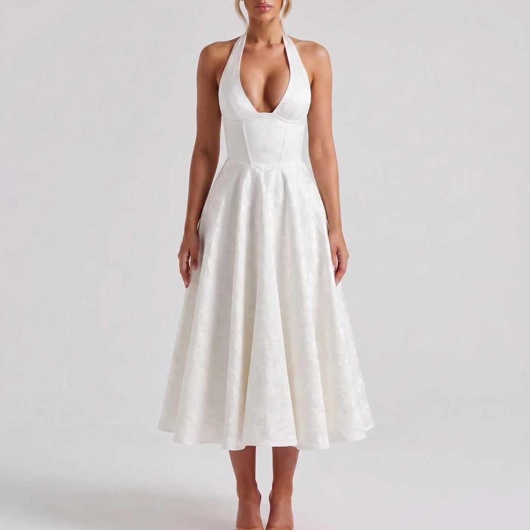 Women's Halter Midi Dress - V Neck with Flared Skirt