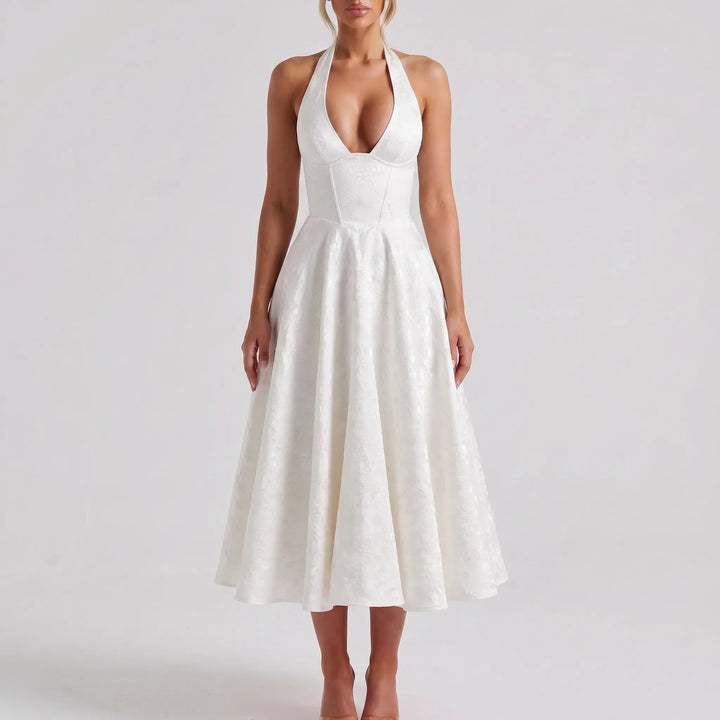 Women's Halter Midi Dress - V Neck with Flared Skirt