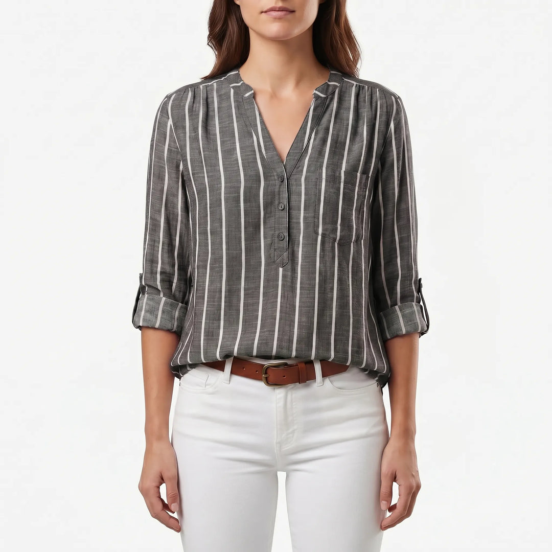 Women's Striped V Neck Blouse - Casual Summer Button Front