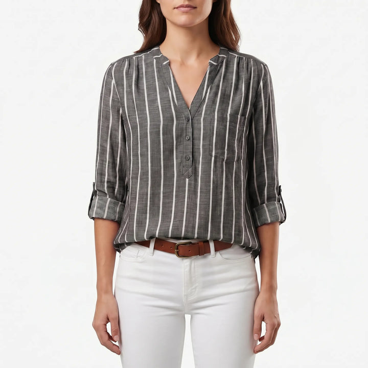 Women's Striped V Neck Blouse - Casual Summer Button Front