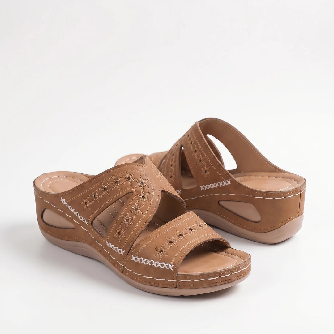 Women's Wedge Slide Sandals - Open Toe with Cutout Straps