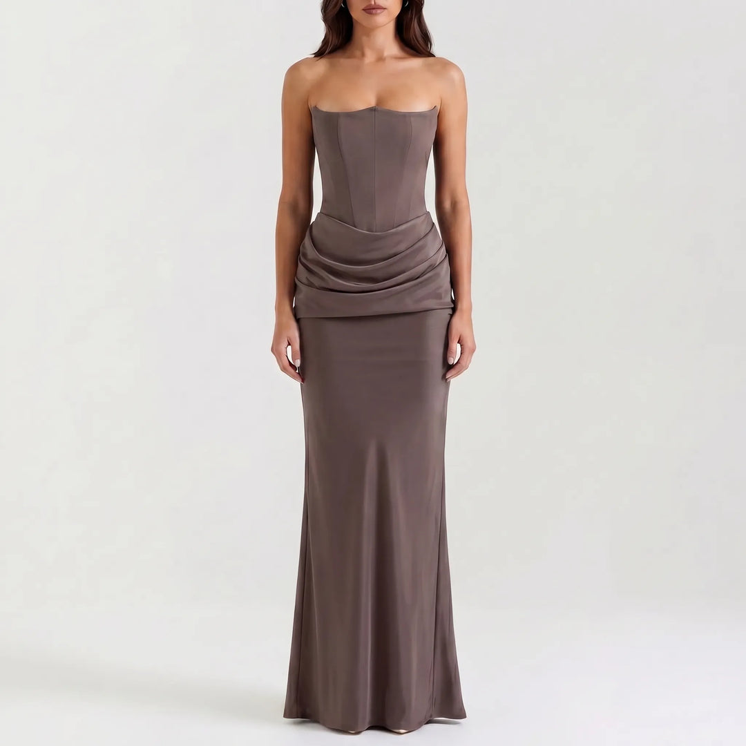 Women's Strapless Maxi Dress - Elegant Draped for Occasions