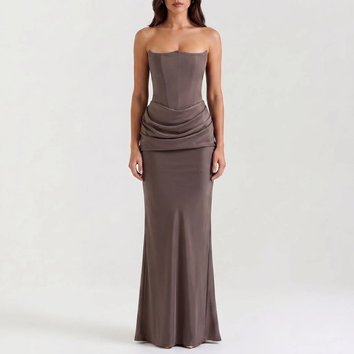 Women's Strapless Maxi Dress - Elegant Draped for Occasions