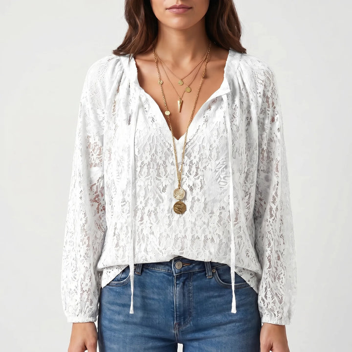 Women's Boho Lace Blouse - Casual Sheer V Neck Long Sleeve Summer Top