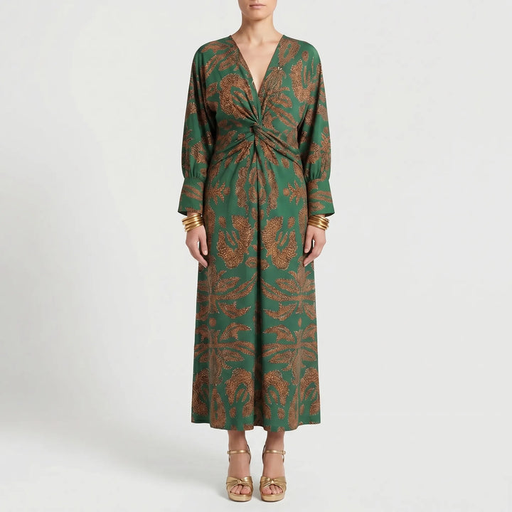 Women's Printed Maxi Dress - V Neck with Twist Waist