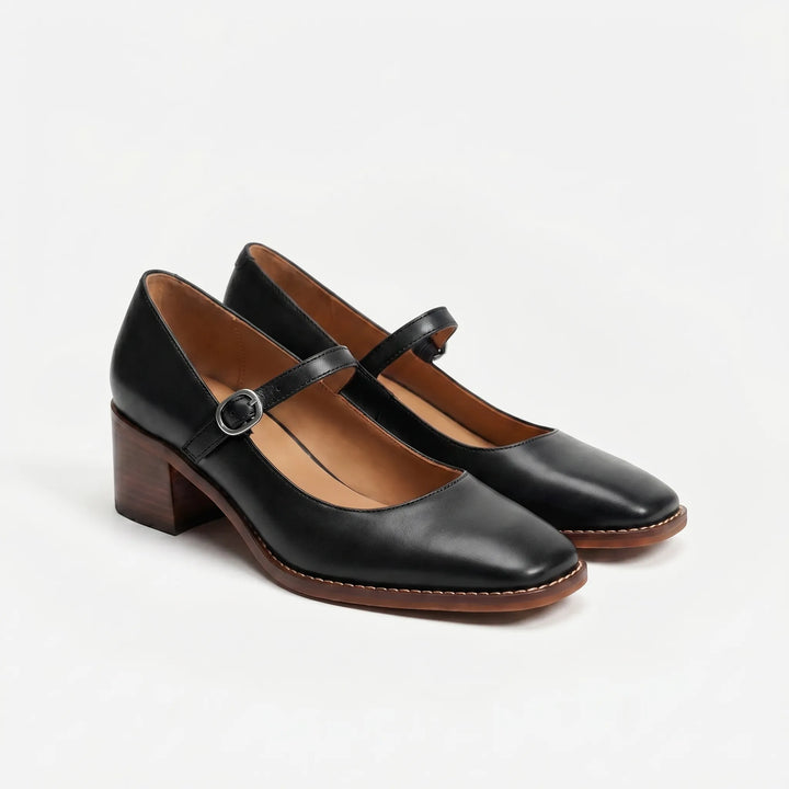 Women's Low Block Heel Shoes - Buckle Strap with Square Toe
