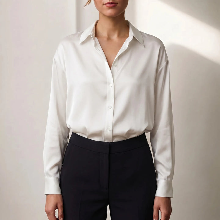 Women's Satin Button Down Blouse - Elegant Long Sleeve Work Shirt
