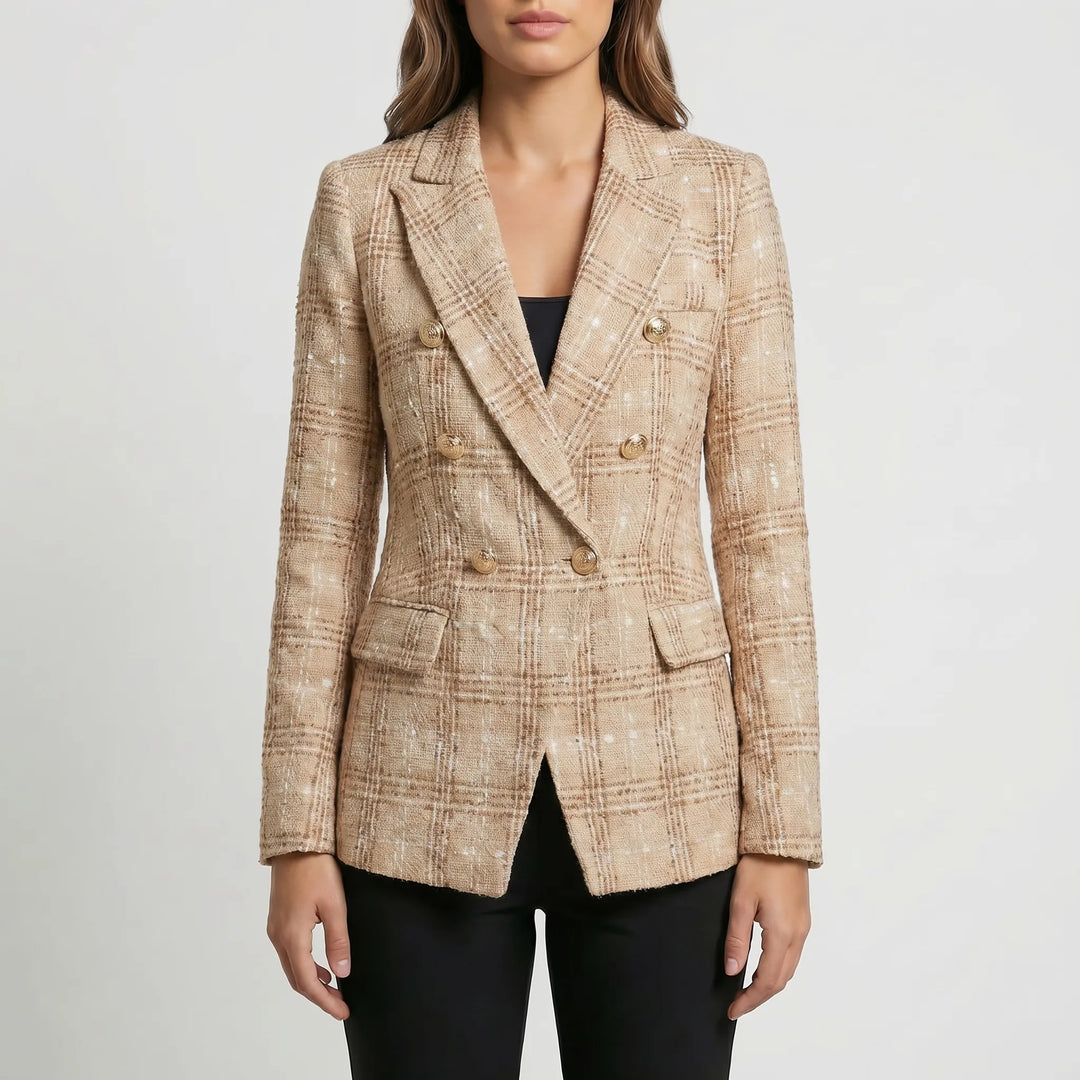 Women's Plaid Blazer Jacket - Double Breasted Tailored Fit