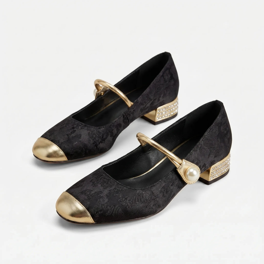 Women's Elegant Pearl Strap Block Heels - Cap Toe for Occasion