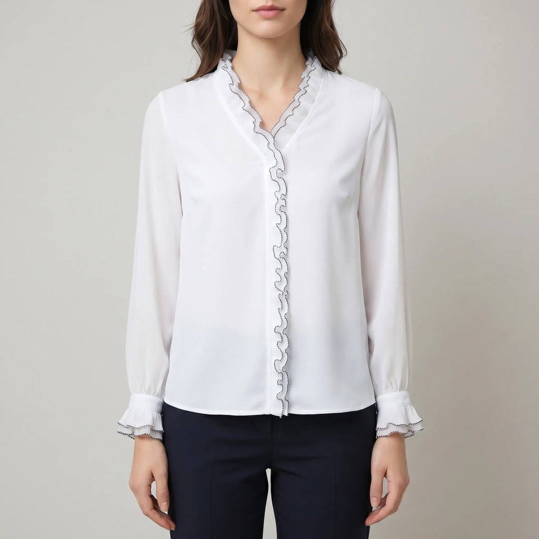 Women's Satin Ruffle Blouse - Elegant Sheer Long Sleeve Work Top