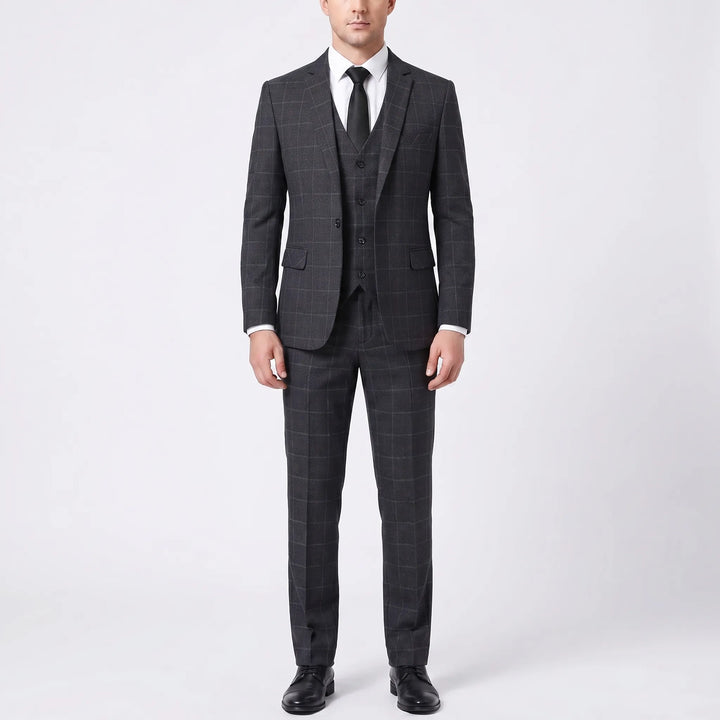Men's Windowpane 3 Piece Plaid Suit - Blazer Vest and Pants for Work