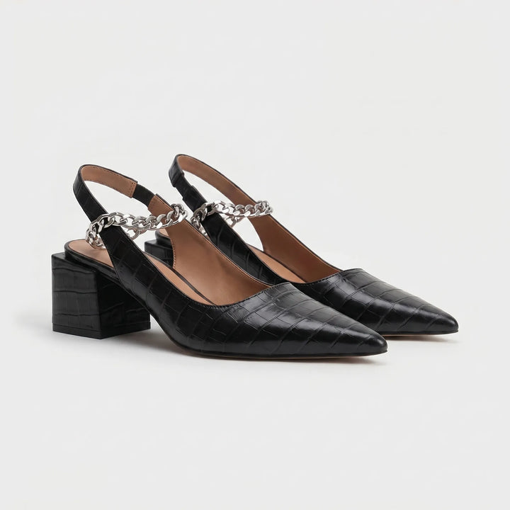 Women's Slingback Block Heels - Pointed Toe with Embossed Detail