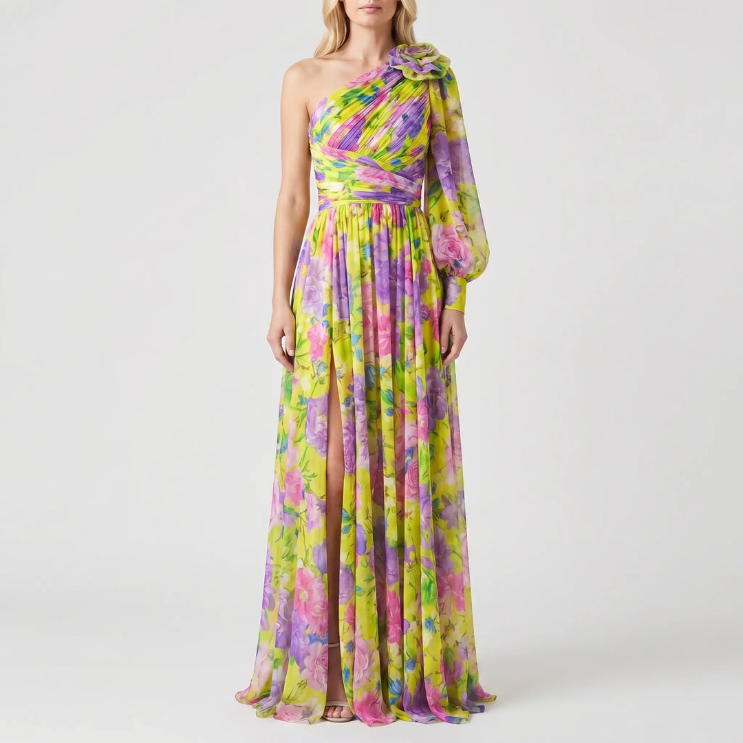 Women's One Shoulder Maxi Dress - Floral with High Slit