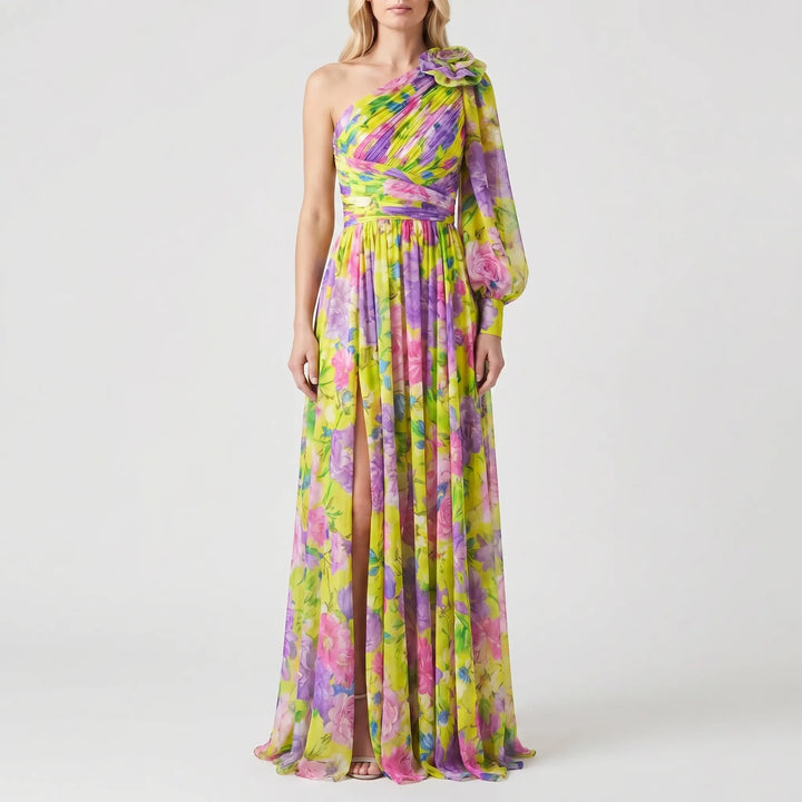 Women's One Shoulder Maxi Dress - Floral with High Slit
