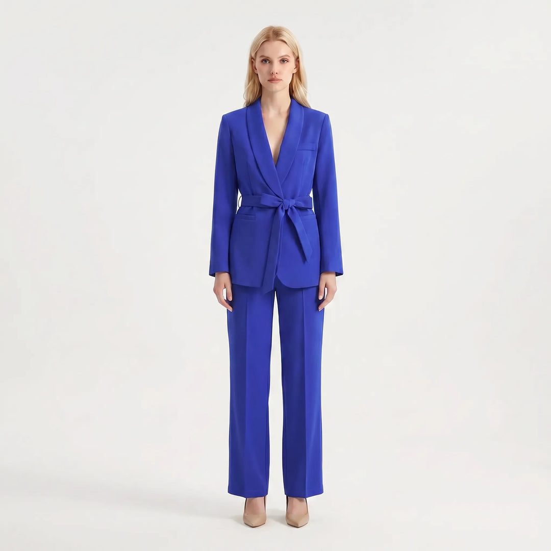 Women's 2 Piece Suit Set - Belted Blazer and Wide Leg Pants