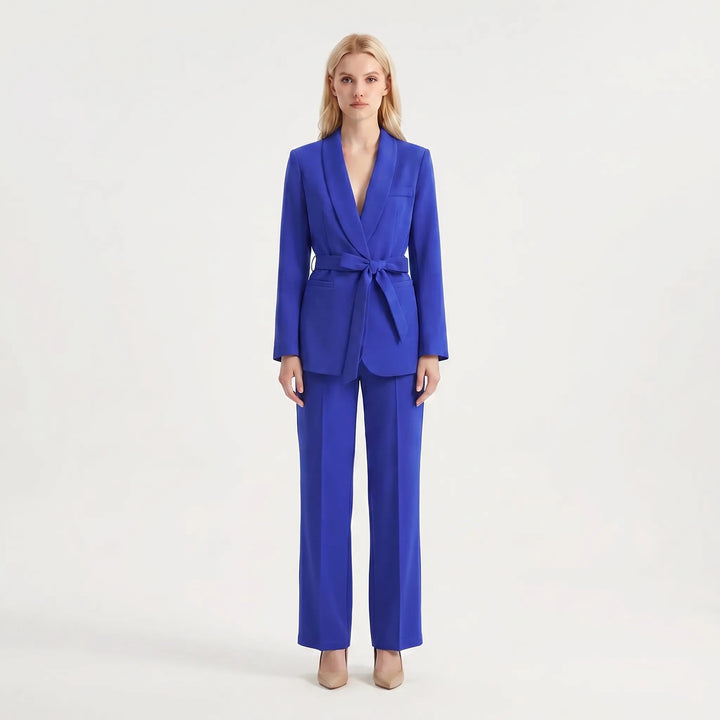 Women's 2 Piece Suit Set - Belted Blazer and Wide Leg Pants