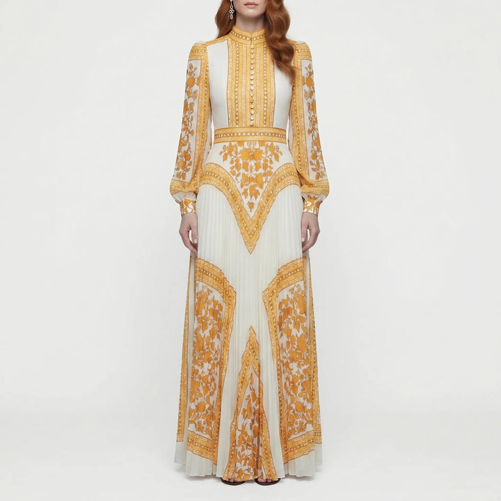 Women's Long Sleeve Pleated Maxi Dress - Formal Evening Gown
