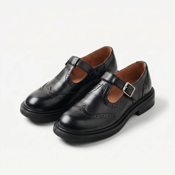 Women's Mary Jane Shoes - Brogue Detail with Buckle Strap