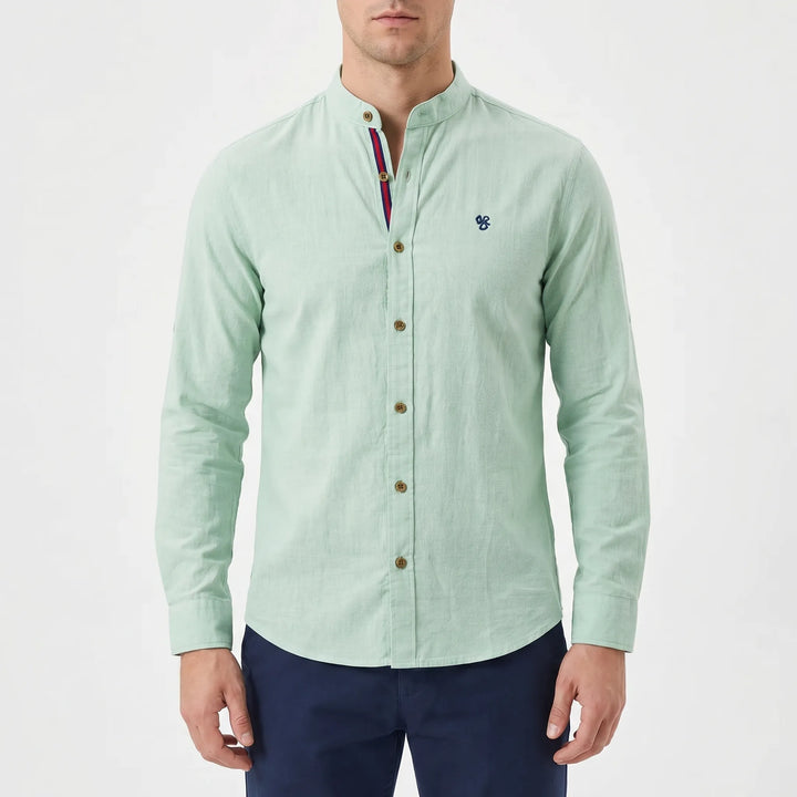 Men's Button Up Shirt - Band Collar with Long Sleeve