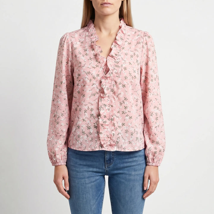 Women's Ruffle V Neck Blouse - Casual Floral Long Sleeve Summer Top