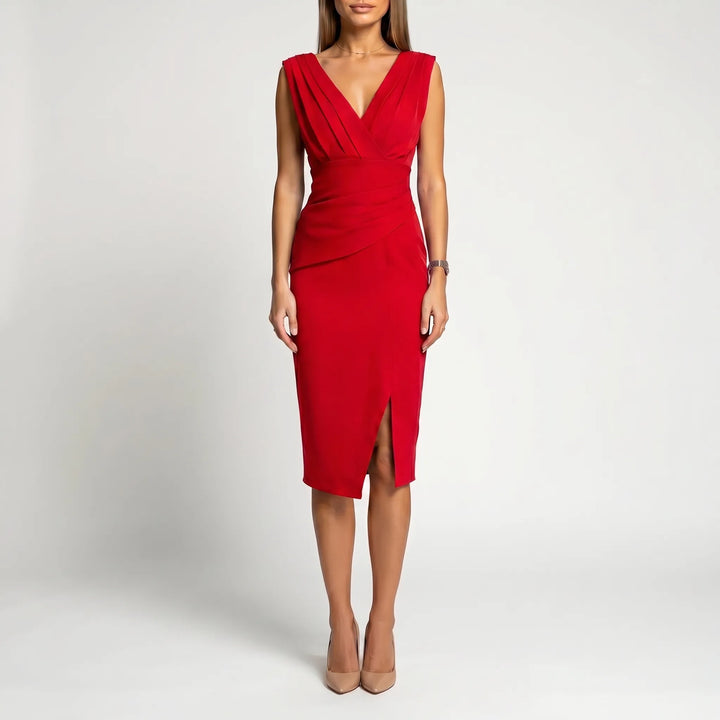 Women's V Neck Midi Dress - Formal Cocktail Party with Slit