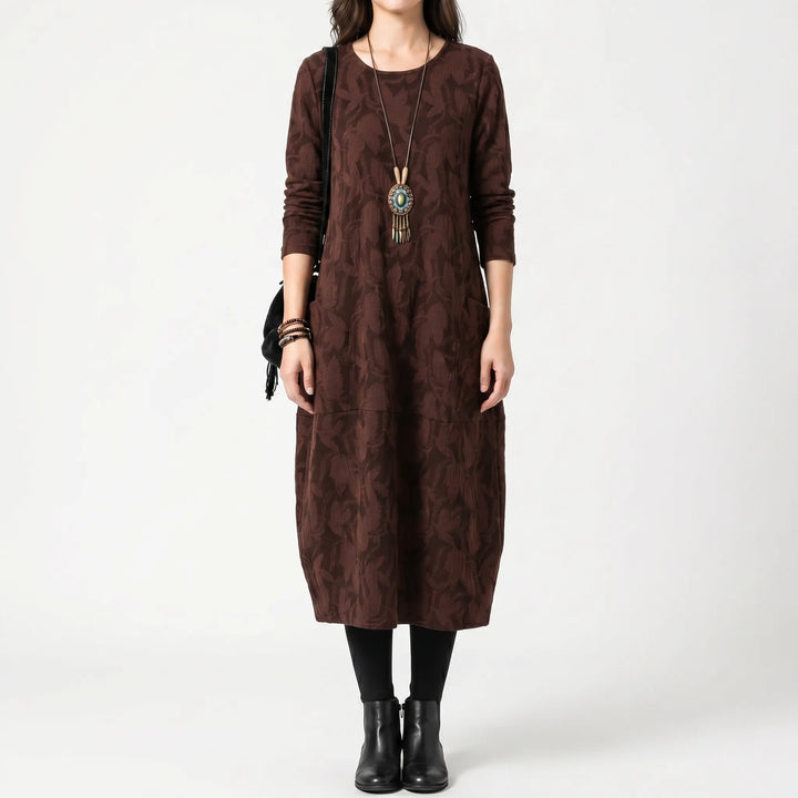 Women's Printed Midi Dress - Relaxed Fit with Long Sleeve