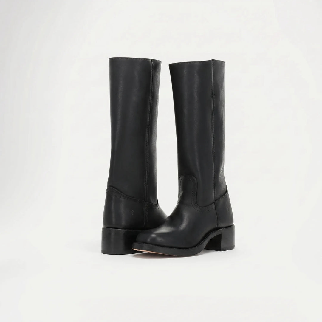 Women's Leather Knee High Boots - Stacked Heel with Square Toe