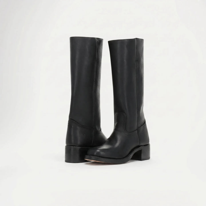 Women's Leather Knee High Boots - Stacked Heel with Square Toe