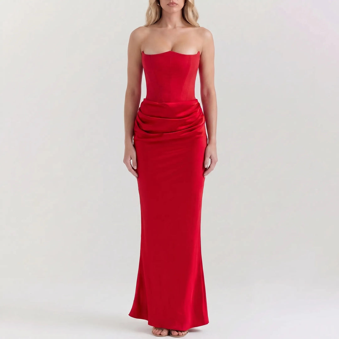 Women's Strapless Maxi Dress - Elegant Draped for Evening