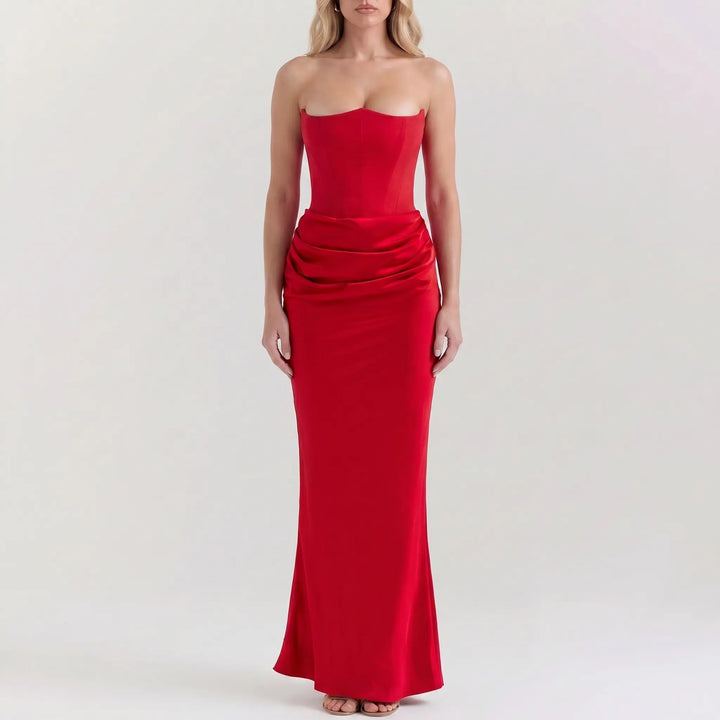 Women's Strapless Maxi Dress - Elegant Draped for Evening