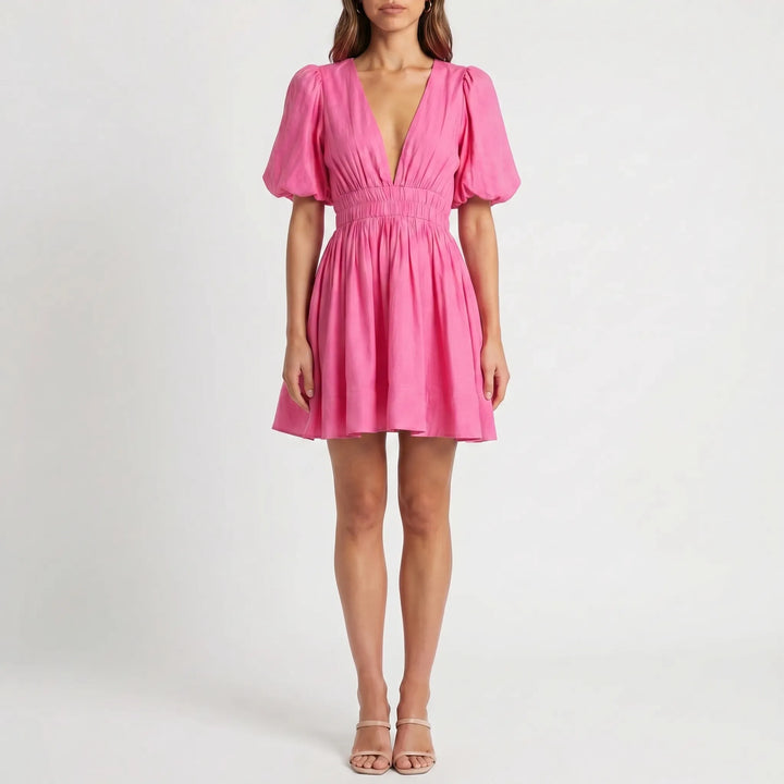 Women's Puff Sleeve Mini Dress - V Neck with Shirred Waist