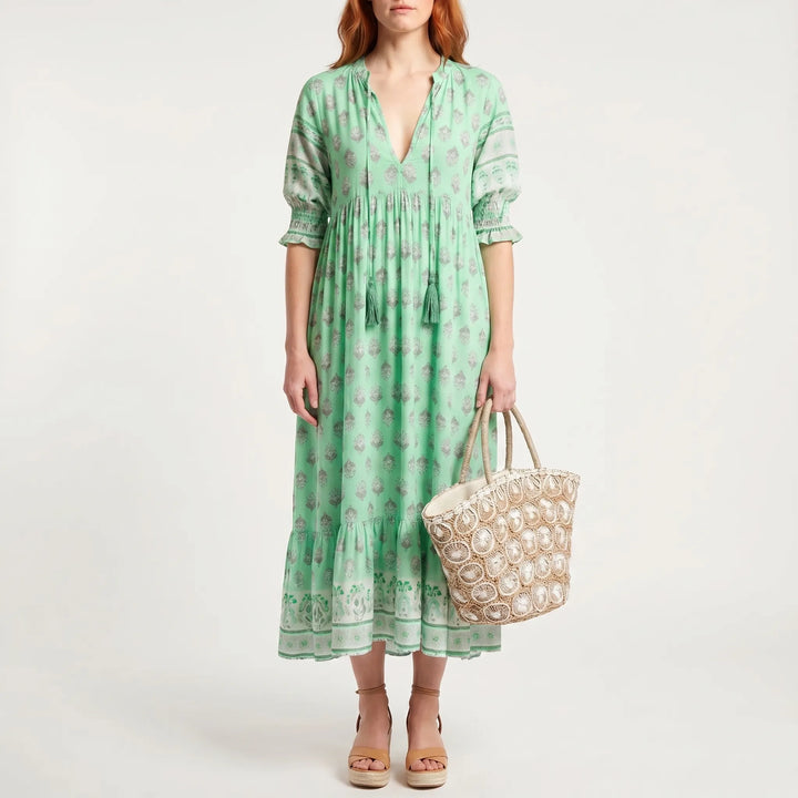 Women's Summer Printed Midi Dress - Boho Casual V Neck Loose Fit