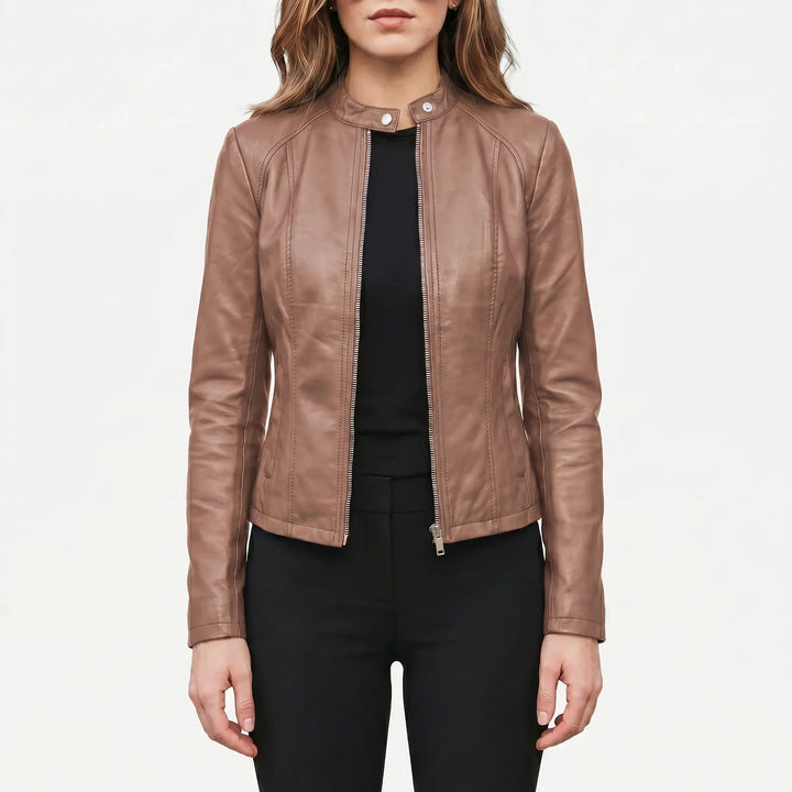 Women's Slim Fit Biker Jacket - Zip Up with Stand Collar