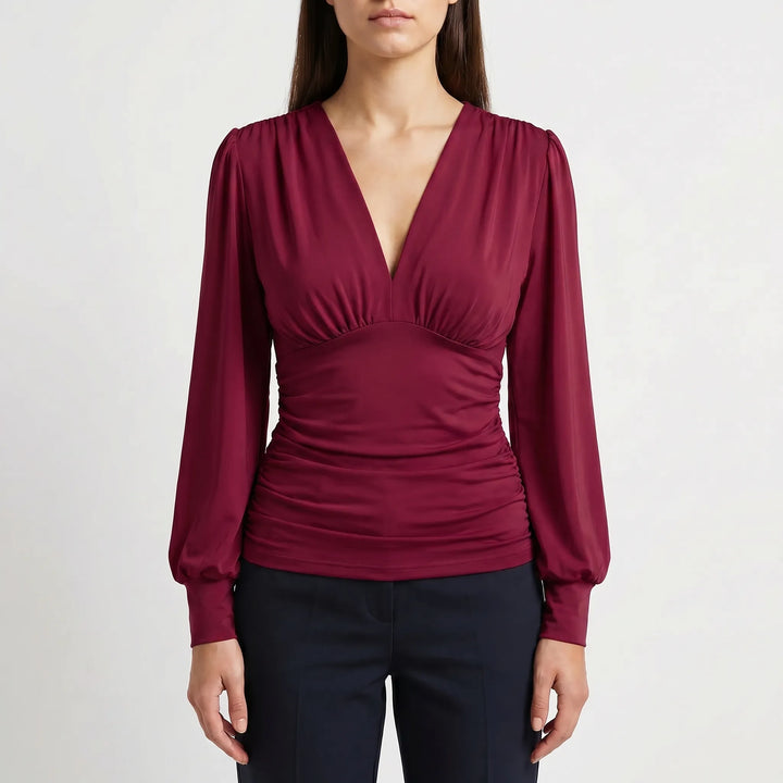 Women's Wrap V Neck Blouse - Dressy Ruched Waist Long Sleeve Top