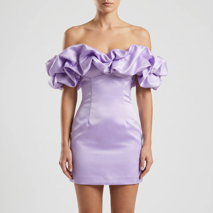 Women's Off Shoulder Mini Dress - Ruffle Detail for Wedding Guest