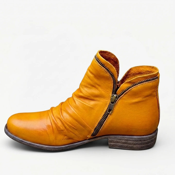 Women's Leather Ankle Boots - Zip Up with Ruched Detail
