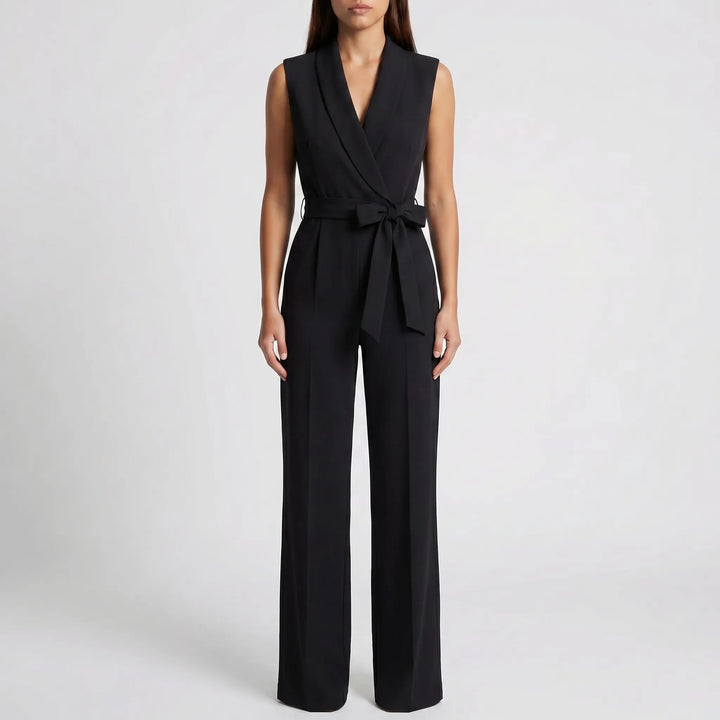 Women's V Neck Wrap Jumpsuit - Sleeveless with Wide Leg
