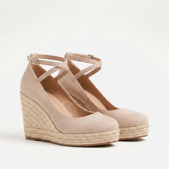 Women's Espadrille Wedge Heels - Closed Toe with Cross Strap