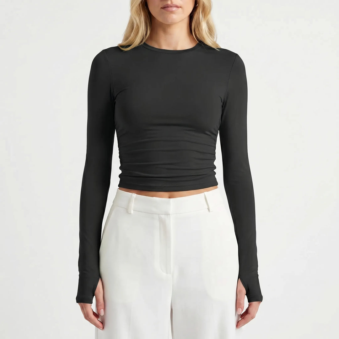 Women's Long Sleeve Crop Top - Ruched Fitted Tee for Summer