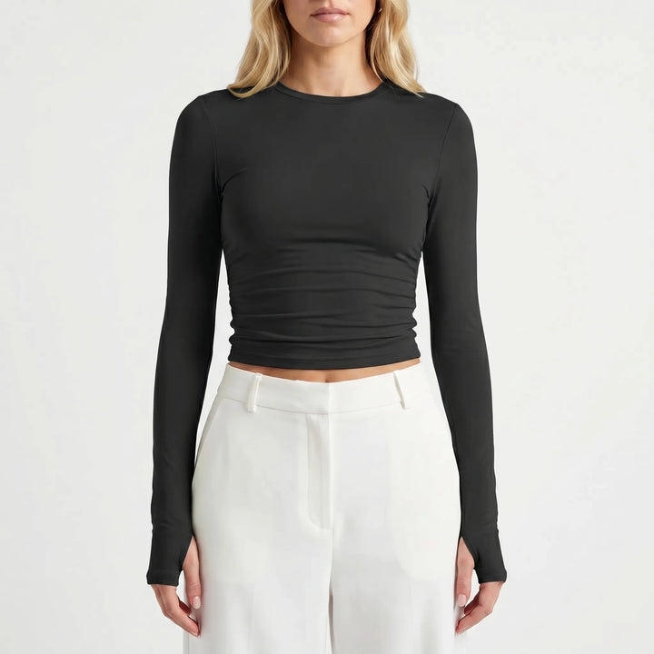 Women's Long Sleeve Crop Top - Ruched Fitted Tee for Summer
