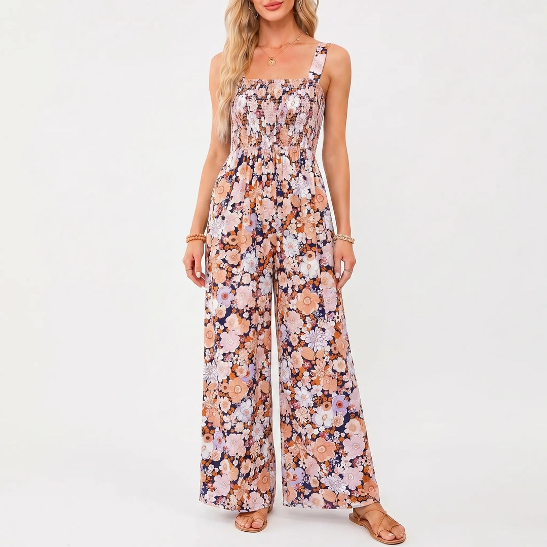 Women's Floral Wide Leg Jumpsuit - Smocked Bodice with Pockets