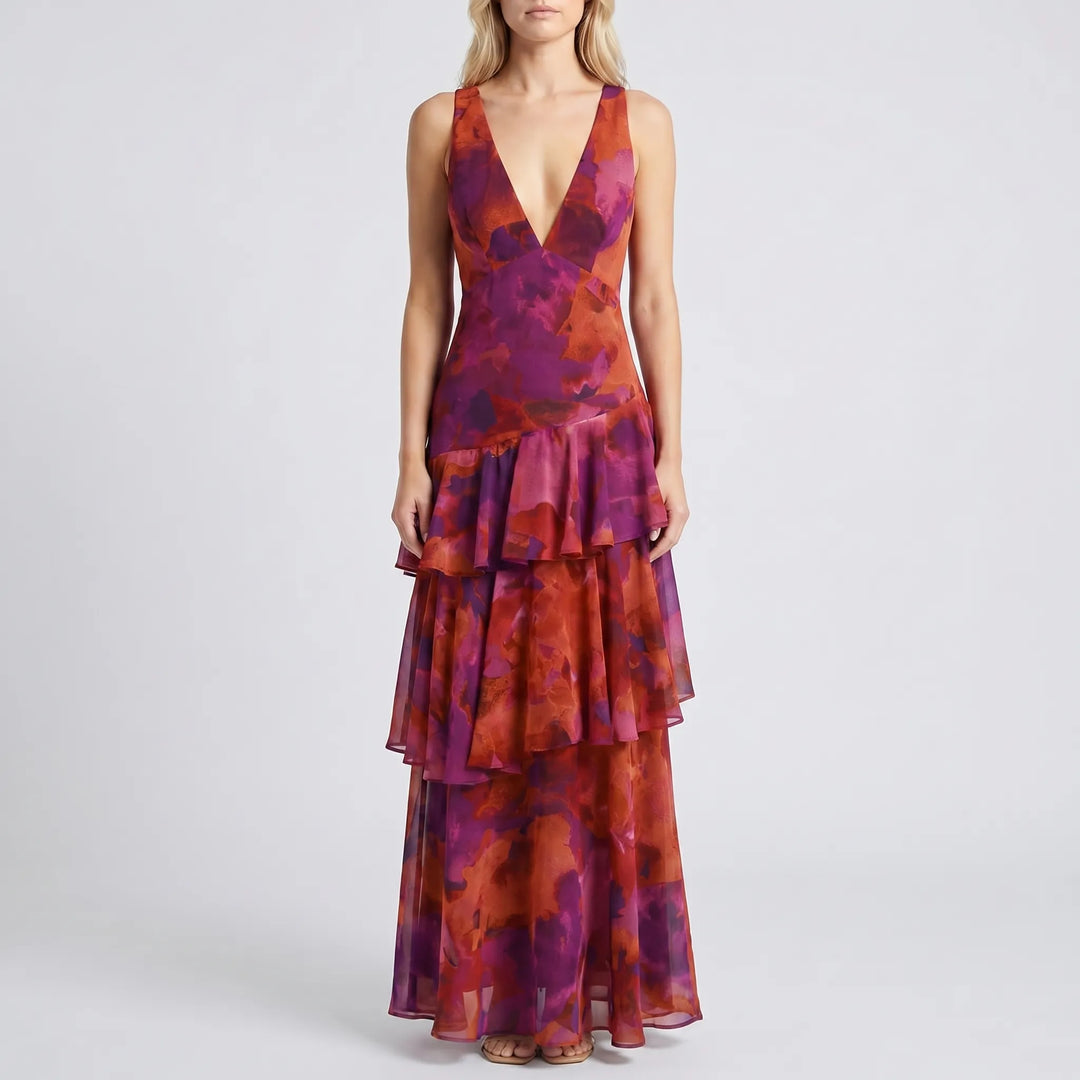 Women's Floral Maxi Dress - Tiered with V Neck for Evening