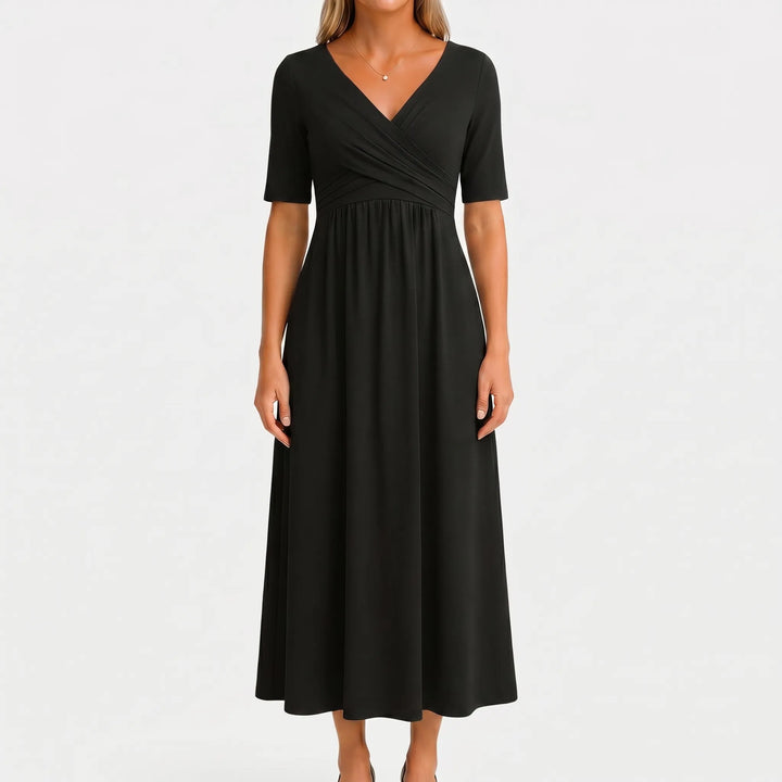 Women's V Neck Midi Dress - Wrap Bodice with Short Sleeve