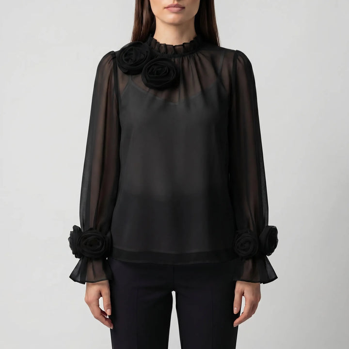 Women's 3D Rose Blouse - Sheer Long Sleeve with High Neck