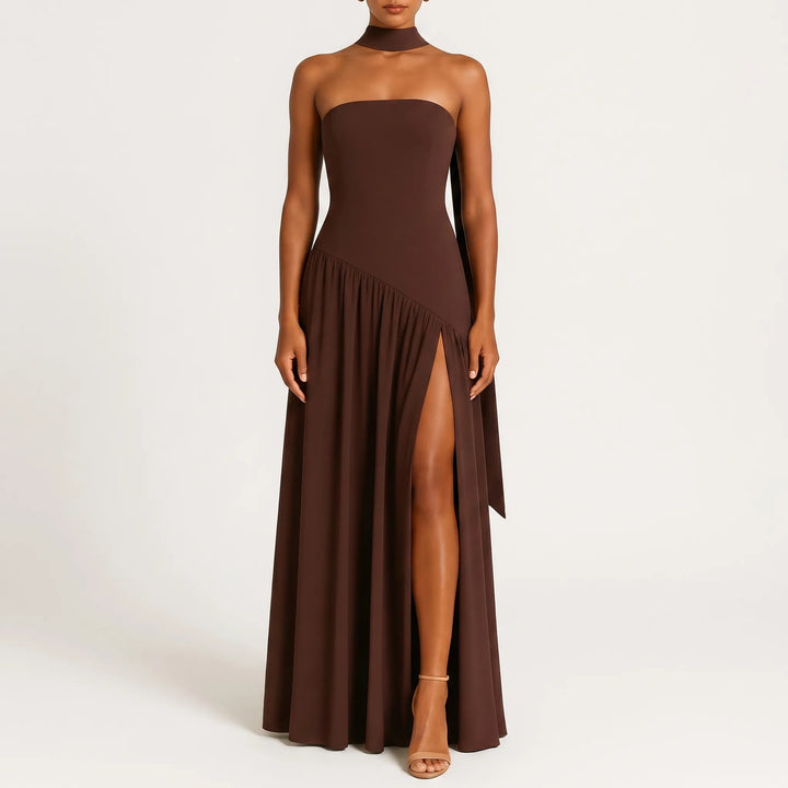 Women's Strapless Maxi Dress - High Slit with Choker Detail