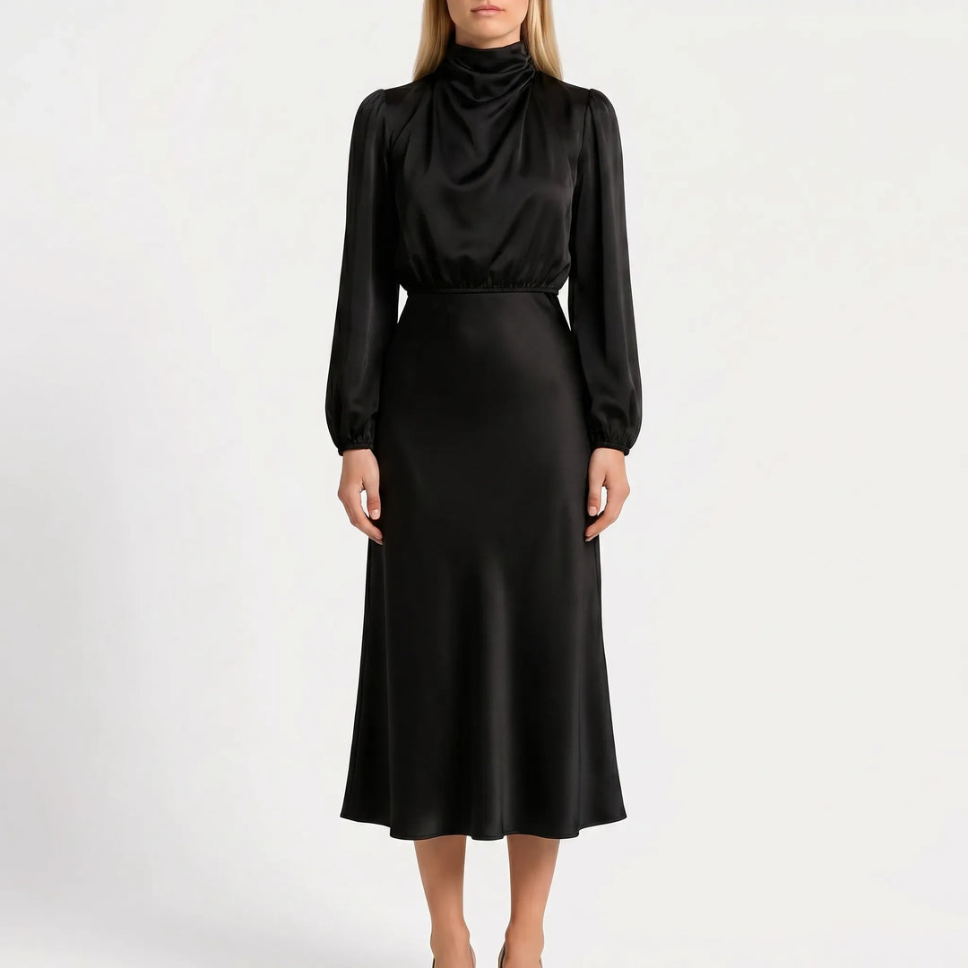 Women's Long Sleeve High Neck Midi Dress - Elegant Evening