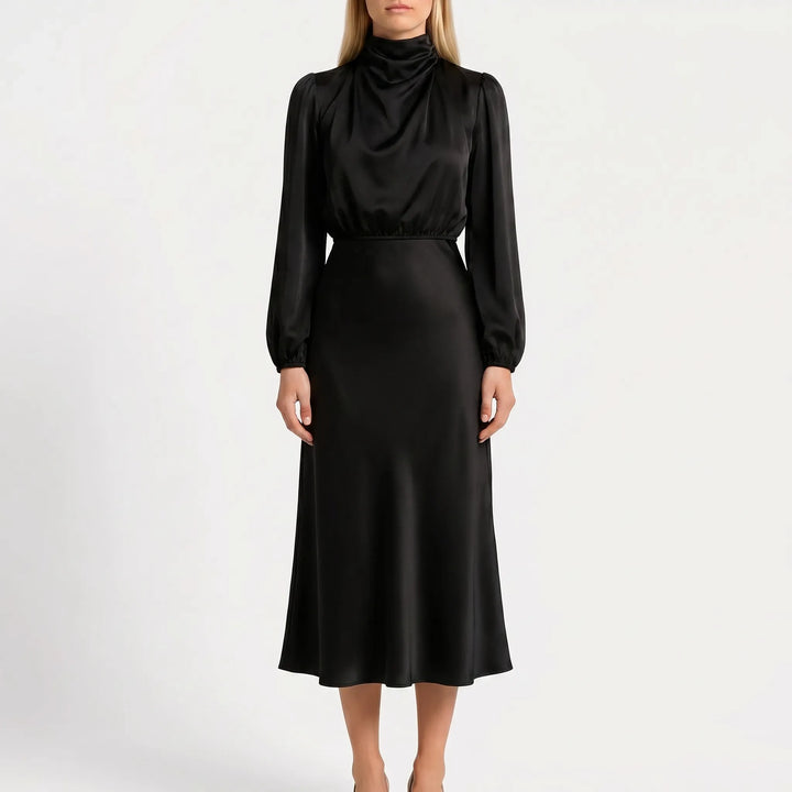 Women's Long Sleeve High Neck Midi Dress - Elegant Evening